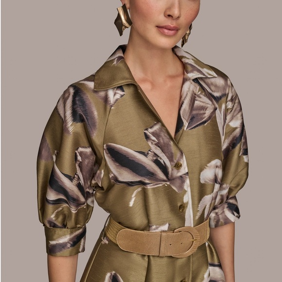 Donna Karan Floral Button-Up Shirt Dress with Belt. Size 8. Smoky Olive. NWT - Picture 5 of 9